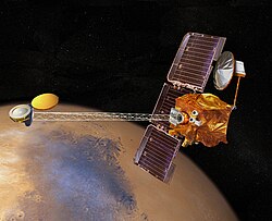 Artist's rendering of NASA's 2001 Mars Odyssey orbiting Mars 2001 mars odyssey wizja.jpg