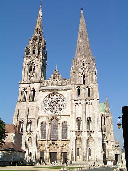 Chartres Cathedral. The Flamboyant Gothic North Tower (finished 1513) (left) and older South Tower (1144–1150) (right)