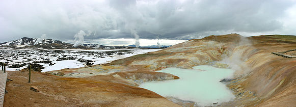 Krafla, seen from Leirhnjúkur, a hyolaclastic ridge, made from rhyolite