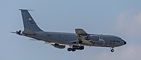 A KC-135R Stratotanker, tail number 57-1439, on final approach at Kadena Air Base in Okinawa, Japan in March 2020. It is assigned to the 22nd Air Refueling Wing and the 931st Air Refueling Wing at McConnell Air Force Base in Wichita, Kansas.