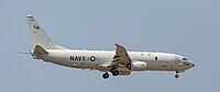 A US Navy P-8 Poseidon, tail number 168756, on final approach at Kadena Air Base in Okinawa, Japan.