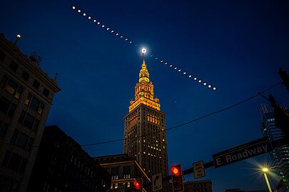 Solar eclipse progression as seen over Cleveland Terminal Tower, Ohio