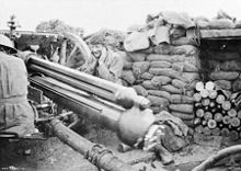 Australian gun firing, showing the long recoil of Mk2 carriage, Passchendaele October 1917 AIF18pdrRecoilingAnzacRidgePasschendaele1917.jpeg