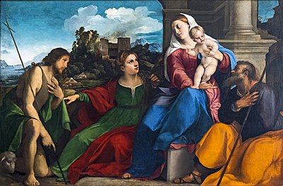 Holy Family with Saint John the Baptist and Saint Catherine (c. 1520-1525) by Palma Vecchio Accademia - Holy Family with Saints Catherine of Alexandria and John the Baptist by Palma il Vecchio.jpg