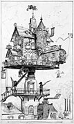 "Maison tournante aérienne" (roterend luchthuis). Een van Robida's tekeningen in Le Vingtième Siècle, een negentiende-eeuwse visie op het leven in de twintigste eeuw, circa 1883