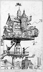 Image 5Scientific romanceArtist: Albert RobidaA typical 20th-century aerial rotating house, as drawn by Albert Robida. The drawing shows a dwelling structure in the scientific romance style elevated above rooftops and designed to revolve and adjust in various directions. An occupant in the lower right points to an airship with a fish-shaped balloon in the sky, while a woman rides a bucket elevator on the left. Meanwhile, children fly a kite from the balcony as a dog watches from its rooftop doghouse.More selected pictures