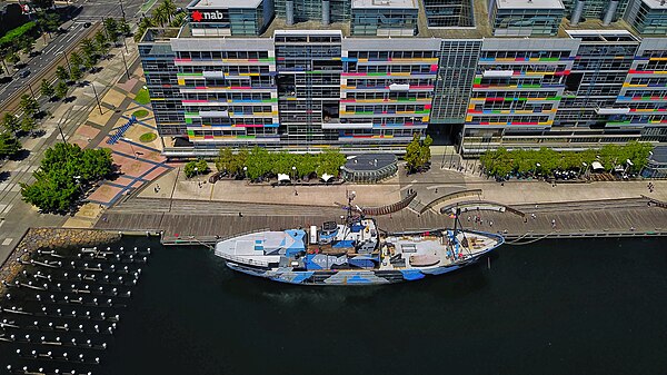 Aerial perspective of the Sea Shepherd docked at the Victoria Harbour Promenade, Waterfront end of Enterprize Way, Docklands, February 2019