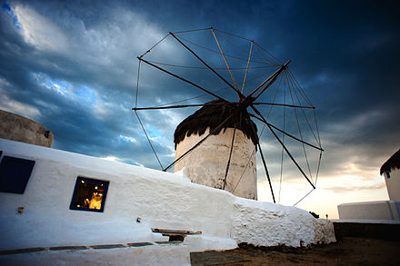 Against Greek skies, one of the Mykonos Island Windmills, Chora. Cyclades, Aegean Sea, Greece