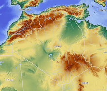 The Sahara, the Hoggar Mountains and the Atlas Mountains compose the Algerian relief. Algeria relief.png