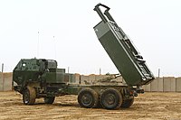 An M142 high-mobility artillery rocket system (HIMARS) launcher prepares to fire during a dry-fire drill by U.S. Marines at Forward Operating Base Edinburgh, Afghanistan, Feb 120226-M-XZ121-034.jpg