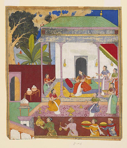 File:An illustration to a razmnama draupadi and her attendants signed yusuf ali.jpg