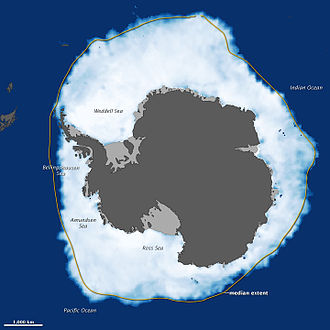 An image of Antarctica differentiating its landmass (dark grey) from its ice shelves (minimum extent, light grey, and maximum extent, white) Antarctic Grows.jpg