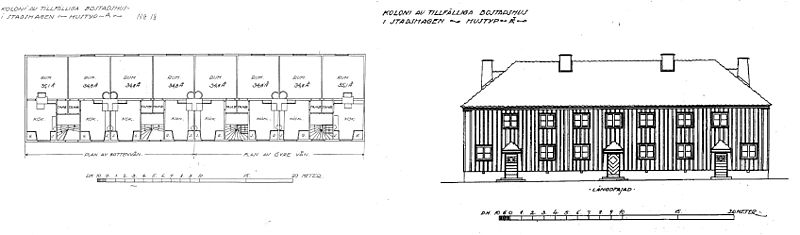 "Koloni av tillfälliga bostadshus i Stadshagen" plan och fasad, typritning