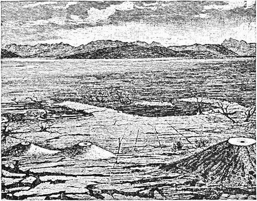 Fig. 12, Cratères avec cônes de sable, séisme de Corinthe, 1851