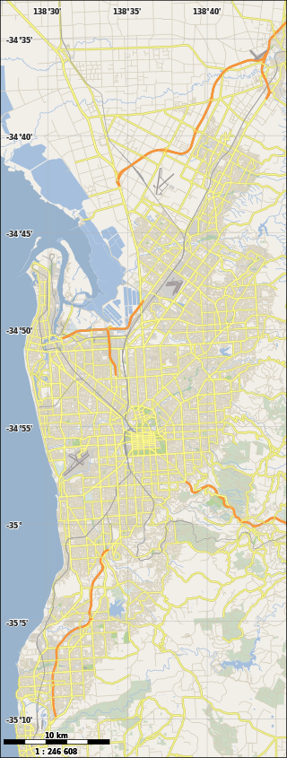 Mapa konturowa Adelaide, w centrum znajduje się punkt z opisem „Archikatedra pw. św. Franciszka Ksawerego w Adelaide”