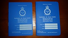 AAFC issued PH299 "Blue Books" prior to use of ID cards. These ceased use around 2016 in regional units. (Newer version on the left, older version on the right). Australian Air Force Cadet Blue book aafc.jpg