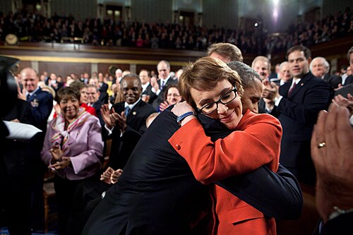 President Obama embracing Congresswoman Gabby Giffords, who was shot in the head in 2011.