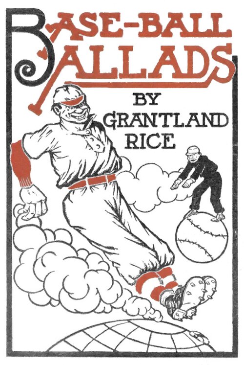 A grinning ballplayer in a baggy, early twentieth-century uniform drops into a feet-first slide above a base on a globe, kicking up a cloud of dirt, while a nearby umpire standing on a giant baseball signals "safe".