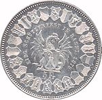 Cockatrice in center surrounded by legend and date. Denomination below. Shields of the Swiss cantons along edge.