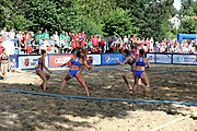 Deutsch: Beachhandball Europameisterschaften 2019 (Beach handball Euro); Tag 4: 5. Juli 2019 – Frauen, Viertelfinale, Spanien-Ungarn 1:2 (14:16, 26:16, 2:5) English: Beach handball Euro; Day 4: 5 July 2019 – Quarter Final Women – Spain-Hungary 1:2 (14:16, 26:16, 2:5)