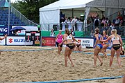 Deutsch: Beachhandball Europameisterschaften 2019 (Beach handball Euro); Tag 5: 6. Juli 2019 – Frauen, Halbfinale, Ungarn-Niederlande 2:0 (19:16, 15:12) English: Beach handball Euro; Day 5: 6 July 2019 – Semifinal Women – Hungary-Netherlands 2:0 (19:16, 15:12)