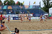 Deutsch: Beachhandball Europameisterschaften 2019 (Beach handball Euro); Tag 5: 6. Juli 2019 – Frauen, Halbfinale, Ungarn-Niederlande 2:0 (19:16, 15:12) English: Beach handball Euro; Day 5: 6 July 2019 – Semifinal Women – Hungary-Netherlands 2:0 (19:16, 15:12)