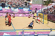 Deutsch: Bachhandball bei den Olympischen Jugendspielen 2018; Tag 3, 9. Oktober 2018; Jungs, Vorrunde, Gruppe B - Argentinien-Mauritius 2:1 English: Beach handball at the 2018 Summer Youth Olympics at 9 October 2018 – Boys Preliminary Round Group B‎ – Argentina-Mautitius 2:1