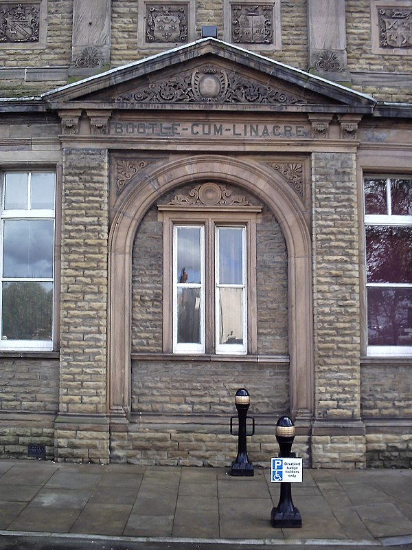 Bootle-cum-Linacre inscription on the town hall's external stonework