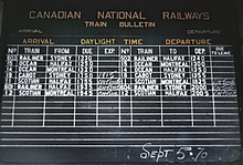 Canadian National Railways train bulletin board at Truro Station 5 September 1970. CN Train Bulletin board at Truro, Nova Scotia on September 5, 1970 (34939544903).jpg