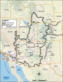 Map showing the Upper and Lower Colorado River Basin, and adjacent areas supplied by Colorado River water.