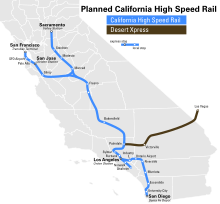 Carte figurant le tracé prévu du California High-Speed Rail.