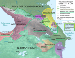 Map of fragmented Kingdom of Georgia in 1311, with western realm in purple.