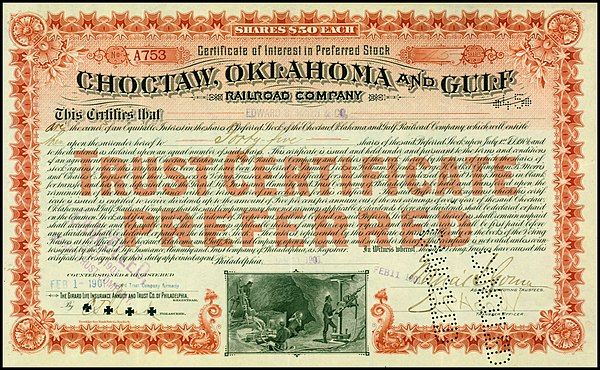 Preferred share of the Choctaw, Oklahoma and Gulf RR company, issued 1901