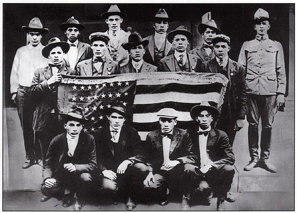 Choctaw soldiers in training in World War I for coded radio and telephone transmissions