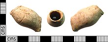 Pipe bowl found in Kent, southeast England. The circular hole through the tube is slightly off-centre and measures 3.36mm in diameter, and would suggest a rough date of c.1610 AD. Clay pipe bowl (FindID 503683).jpg