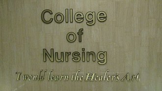 College of Nursing sign in the Spencer W. Kimball Tower,
February 2017 College of Nursing (32409073044).jpg