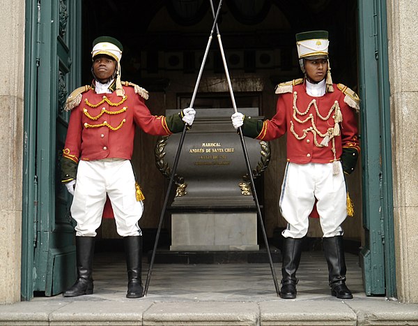 Members of the Colorados Regiment guard the tomb of Andrés de Santa Cruz in Cathedral Basilica of Our Lady of Peace, La Paz