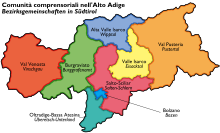 Map of South Tyrol with its eight districts Comunita comprensoriali Alto Adige.svg