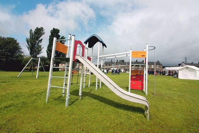 The new play equipment installed on the Conduit Street Playing Fields in Tintwistle, High Peak, Derbyshire.