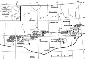 Cretaceous-aged fossil localities of Mongolia; Halszkaraptorine fossils have been collected at the Khulsan (area A), Tugrik Shireh, and Ukhaa Tolgod localities (area B) Cretaceous-aged dinosaur fossil localities of Mongolia.PNG