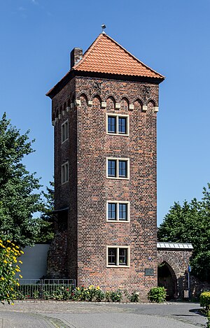 Nonnenturm in Dülmen, North Rhine-Westphalia, Germany; View from the street "Nonnengasse"