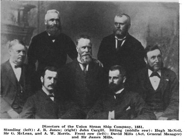 Five directors (back) of the Union Steam Ship Company in 1881, including John Richard Jones, John Cargill, and George McLean; David and James Mills in