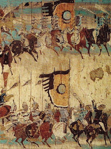 Detail of mural commemorating the victory of General Zhang Yichao over the Tibetan Empire. Cave 156, Late Tang Dynasty.