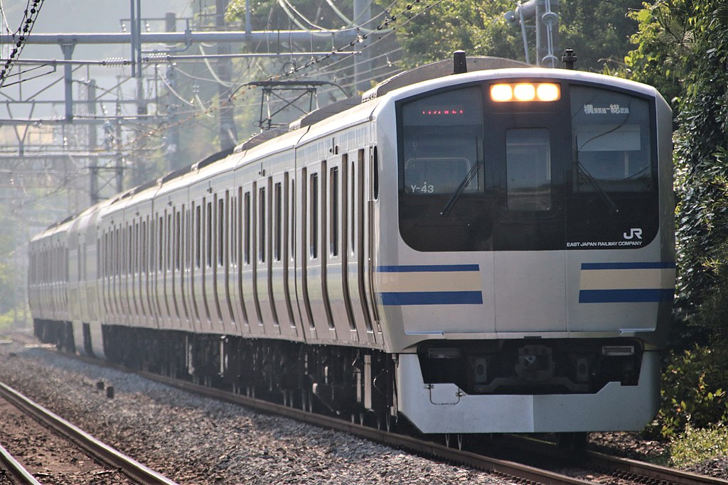 横須賀線で使用されるE217系電車 （2016年5月 田浦駅 - 東逗子駅間）