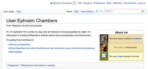 Editing Wikipedia screenshot p 14, Ephraim Chambers userpage.png