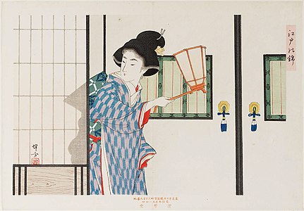 Nishiki-e met een vrouw met een andon-lantaarn (ca. 1910)