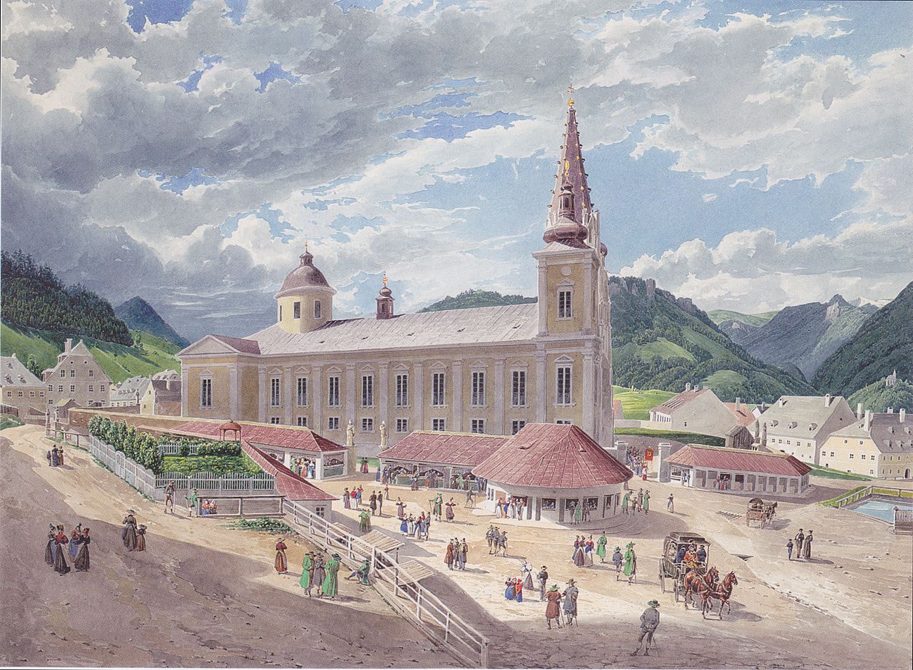 Eduard Gurk - Die Basilika Mariazell vom Kirchplatz aus - ca 1833.jpeg