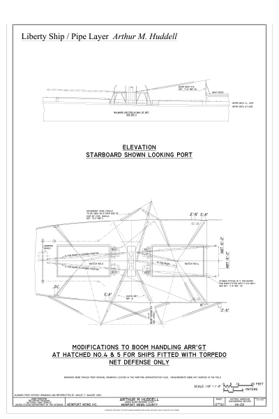 File:Elevation Starboard Shown Looking Port, Modifications to Boom Handling Arrangement at Hatches No. 4 and 5 - Arthur M. Huddell, James River Reserve Fleet, Newport News, HAER VA-132 (sheet 13 of 20).png