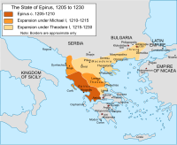 Epirus'un orijinal çekirdeği ve fethedilen bölgelerinin yeşilin çeşitli tonlarında gösterildiği Balkanlar haritası