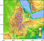 Topografisk kart over Etiopia viser hvordan Riftdalen deler landet i to fjellplatåer